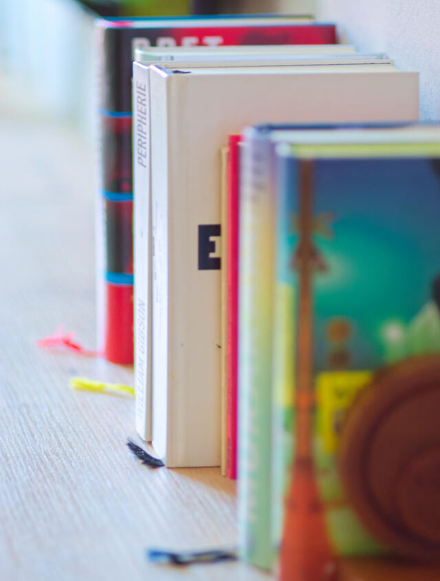 Farbenfrohe Hardcover-B&uuml;chersammlung mit Werken von David Foster Wallace, Bret Easton Ellis und William Gibson auf wei&szlig;em Regal im Schlafzimmer des m&ouml;blierten Premium-Apartments Bamberg