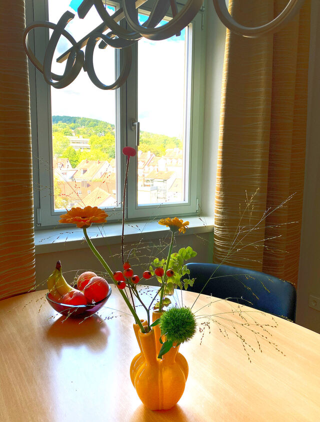 Pierre Paulin Designer-Tisch mit bunten Blumen, Obstschale und Blick auf Bamberger D&auml;cher und gr&uuml;ne H&uuml;gel durch gro&szlig;e Fenster im m&ouml;blierten Premium-Apartment
